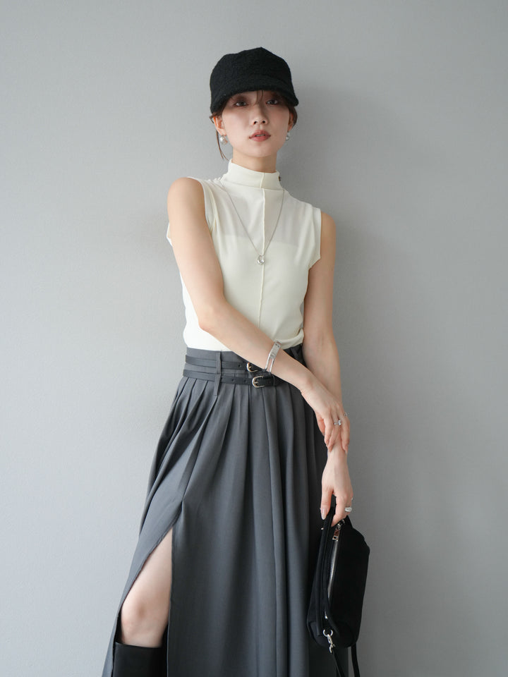 [SET]シアーベロアプチネックノースリーブトップス+エステルプリーツスリットスカート(2set)