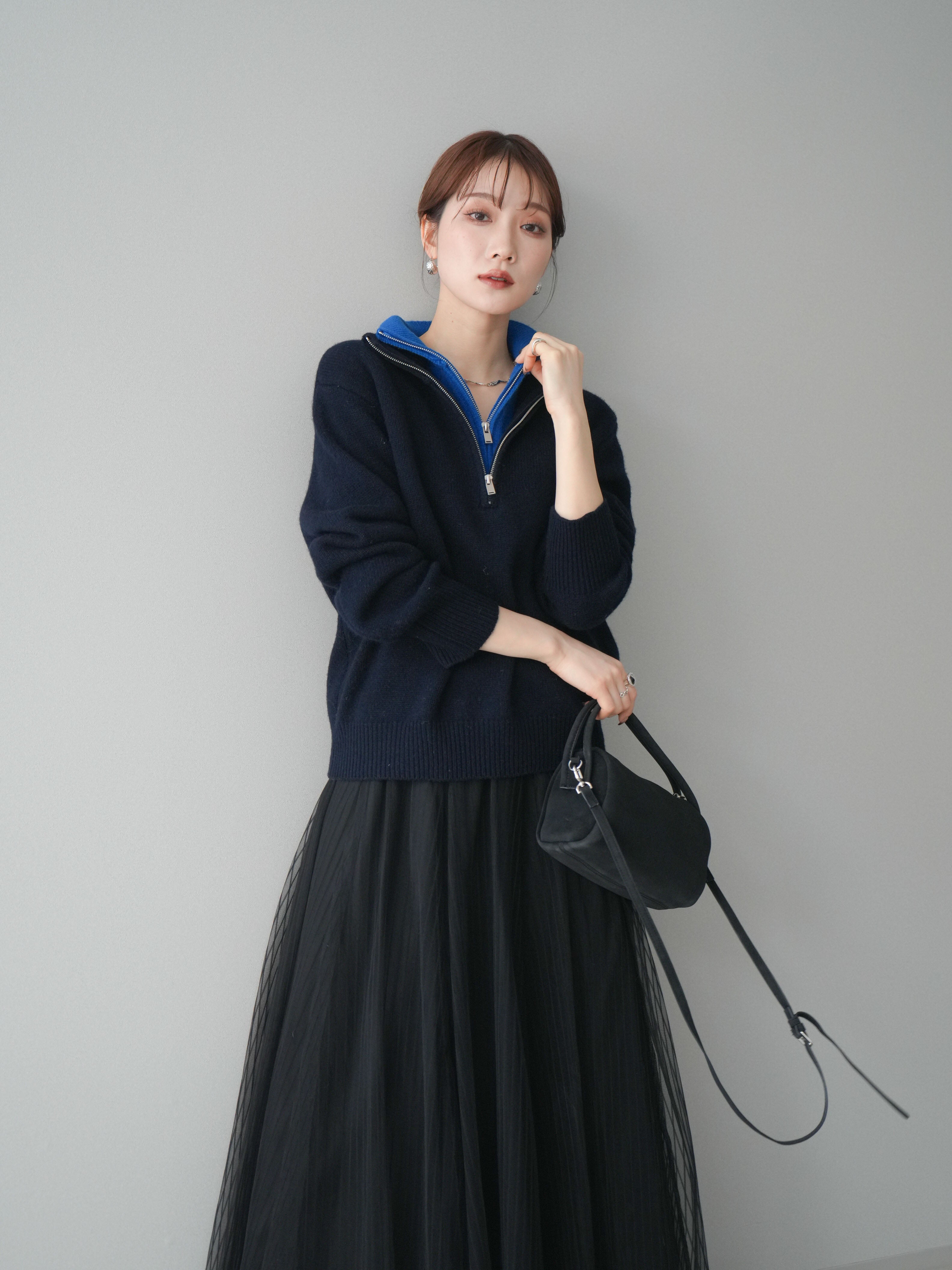 【新品タグ付】サイベーシックス ウールニット 紺 38 ダブルワッペン　日本製 予約]ウールxカシミヤハーフジップダブルネックニットプルオーバー