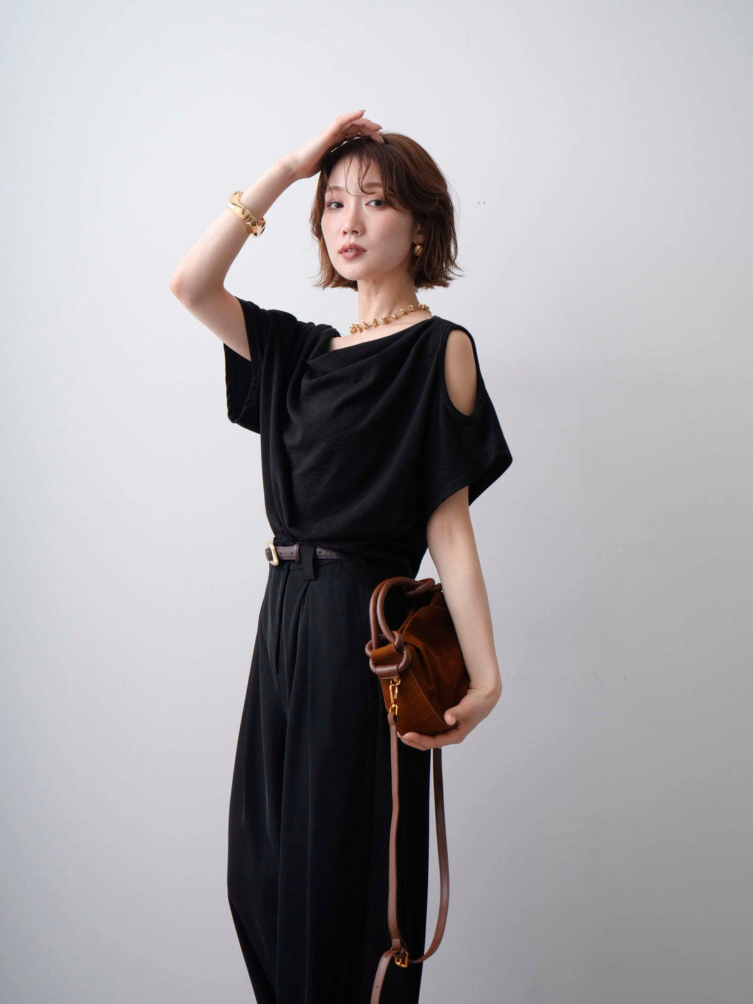 [予約]オープンショルダードルマンカットソー/black