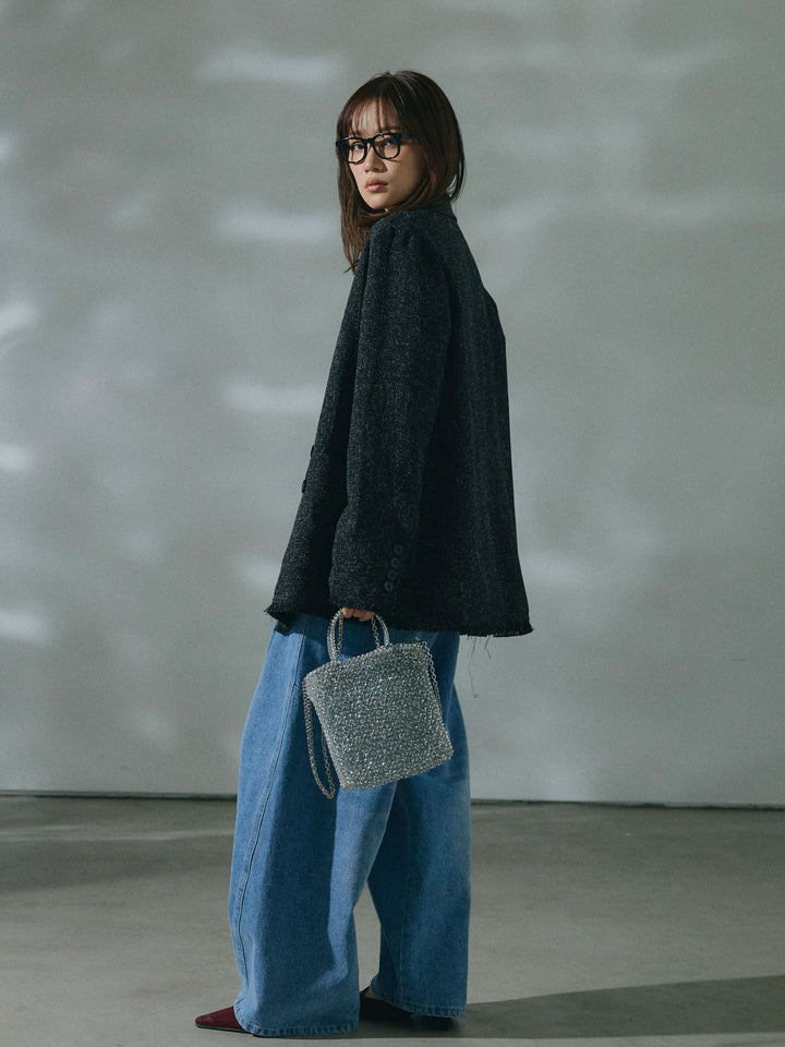 【Allure】[SET]スラブツイードフリンジテーラージャケット+ストレッチレースドレープトップス+ハイウエストベルトループデザインデニムパンツ(3set)