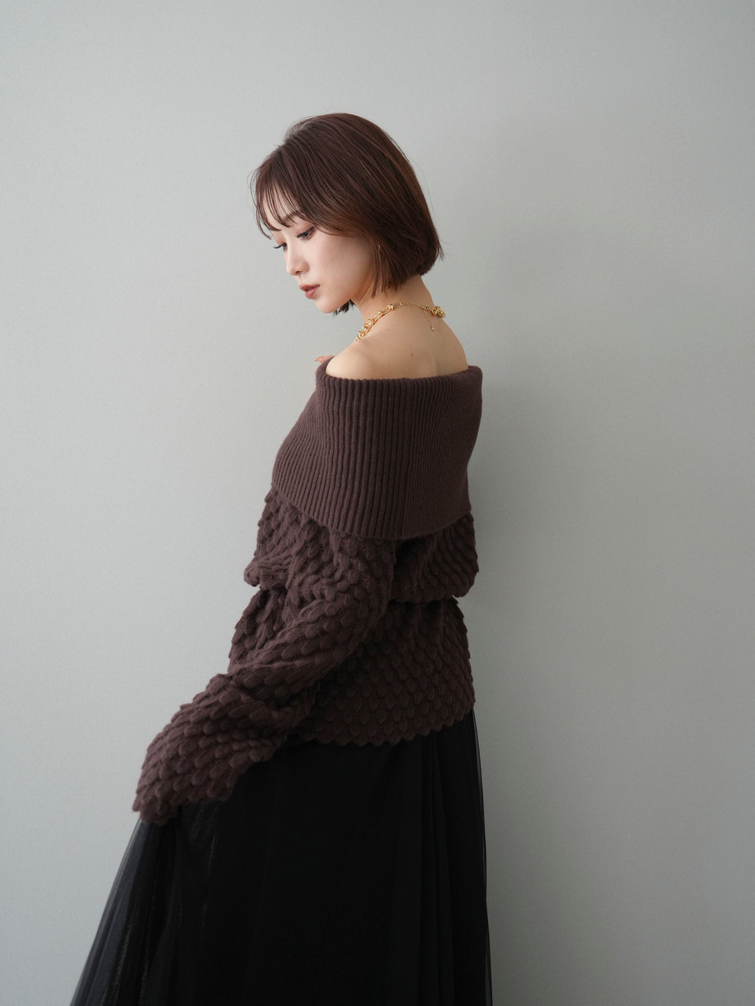 [予約]ポコポコ編みオフショルニットプルオーバー/brown
