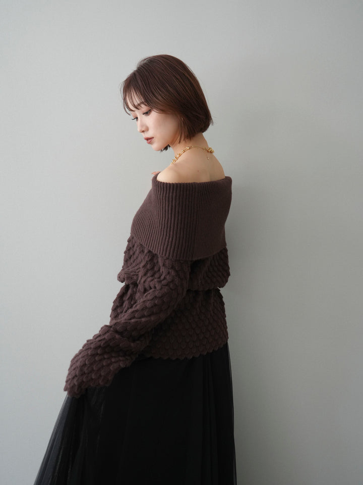 [予約]ポコポコ編みオフショルニットプルオーバー/brown