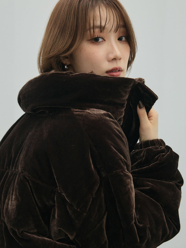 【Allure】[SET]ヘンリーネックレイヤードニットワンピース+ベロアダウンジャケット(2set)