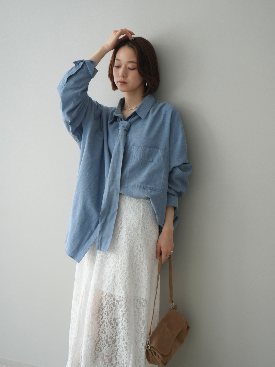 [予約]コットンライクボウタイオーバーシャツ/blue