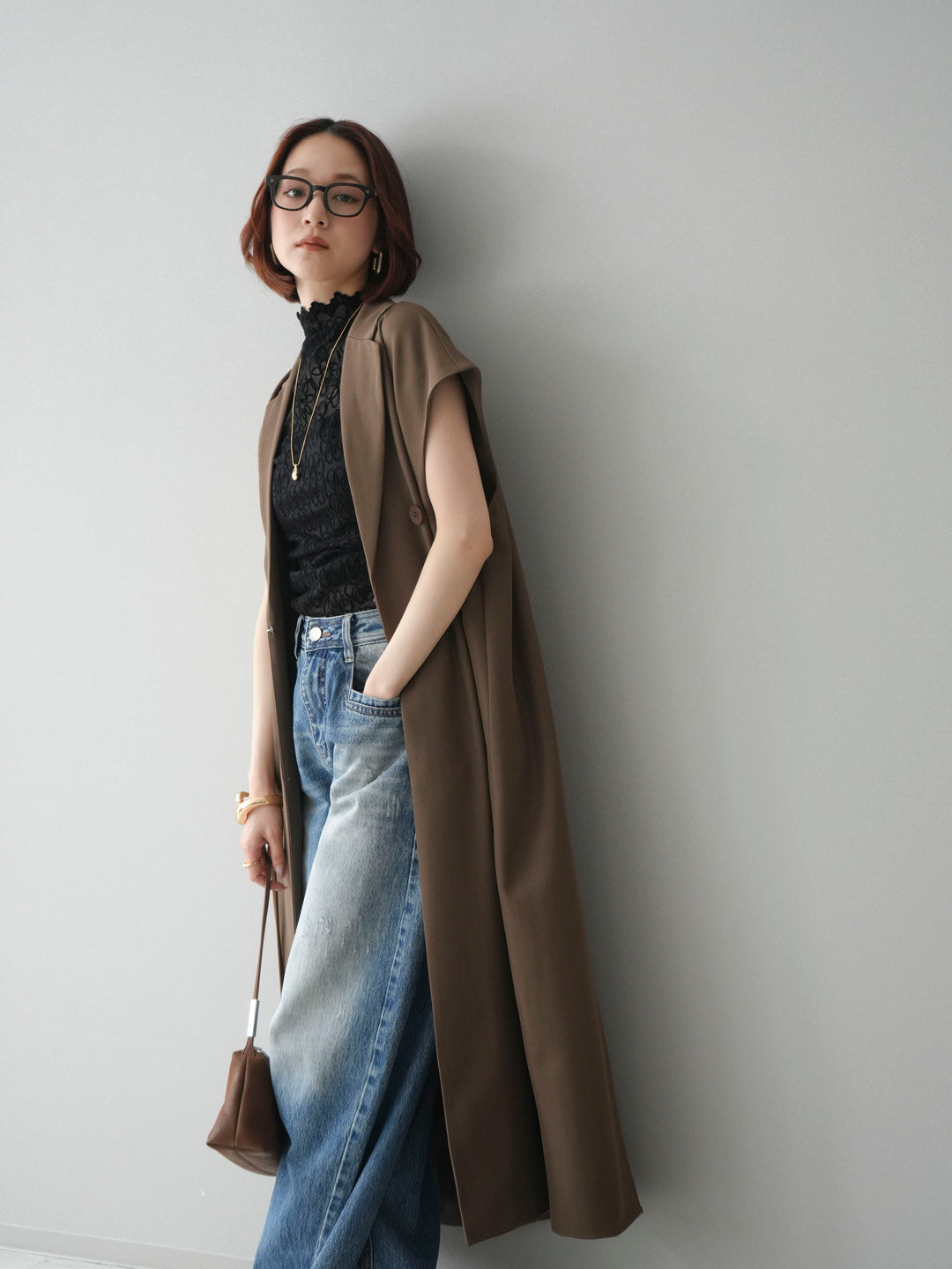 [予約]フレンチスリーブロングジレ/brown