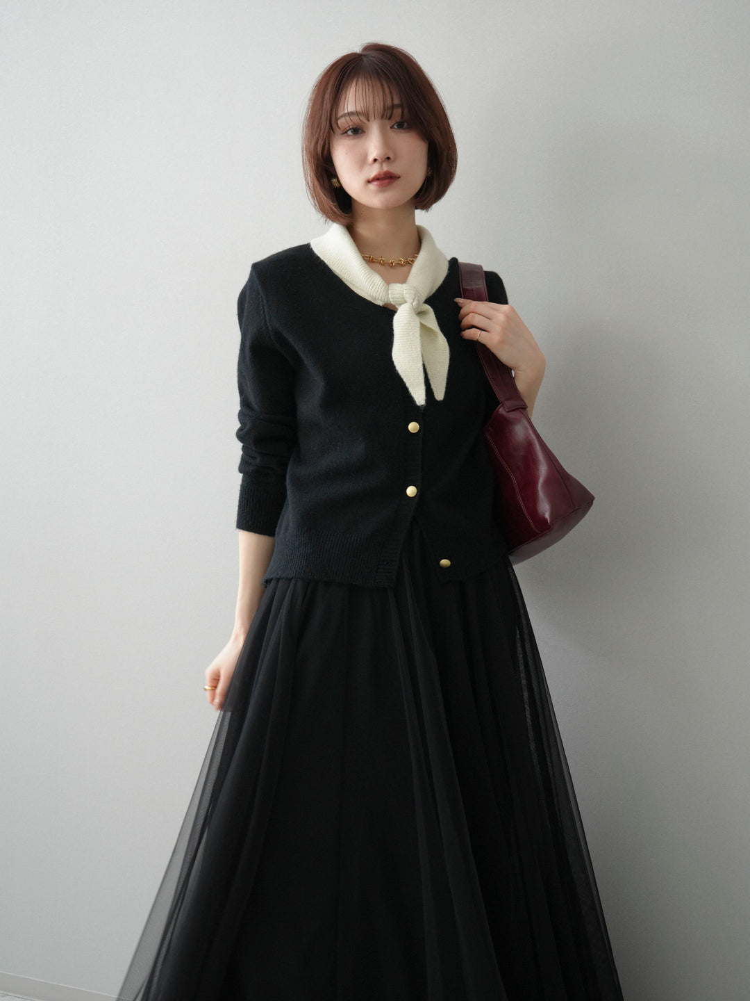 [SET]デザイン襟ニットカーディガン+チュールボリュームスカート(2set)