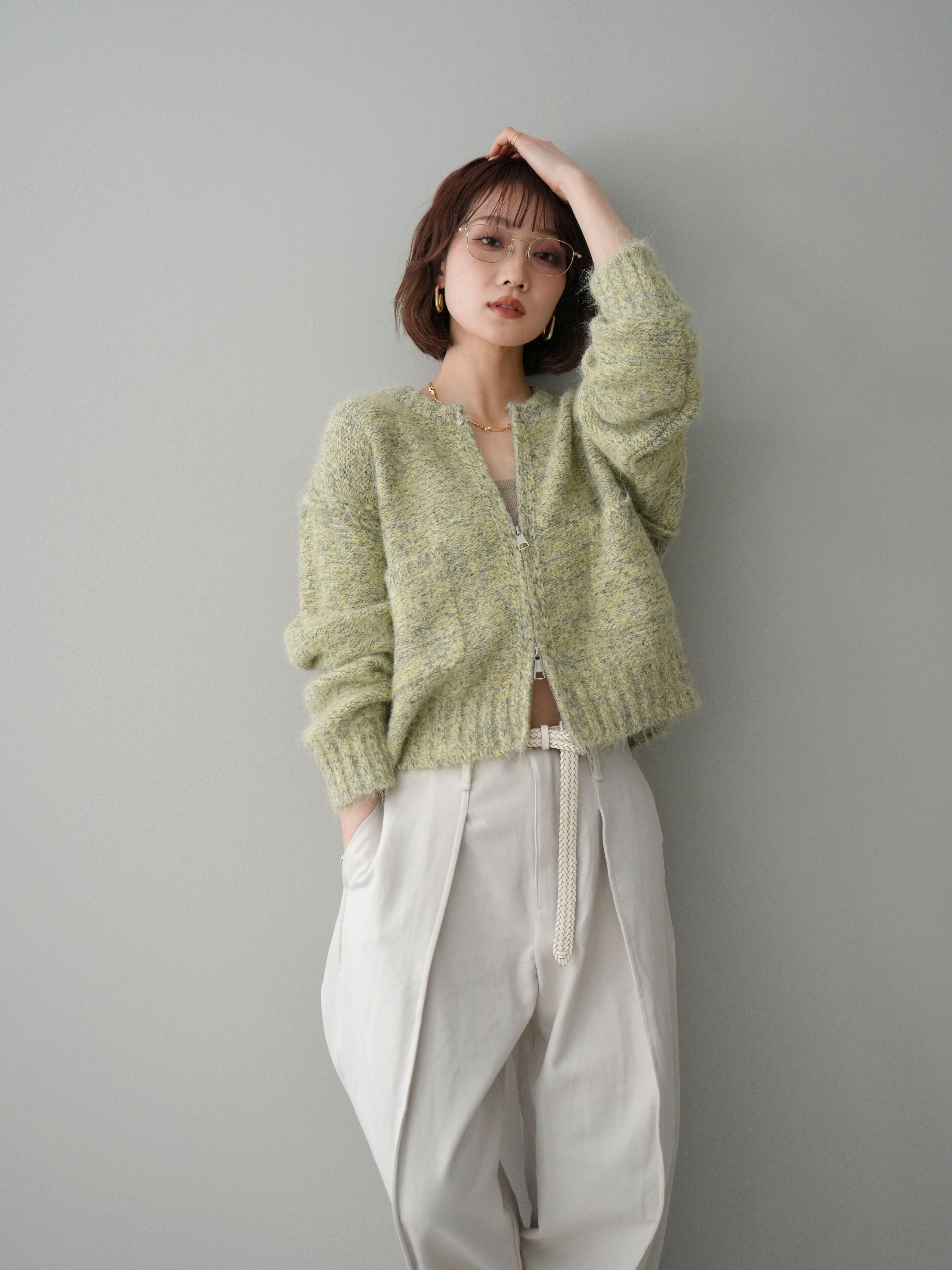 STONE  ライムグリーン スナイデルニット カーディガン 予約]ミックスヤーンダブルZIPニットカーディガン/greenyellow – Lumier
