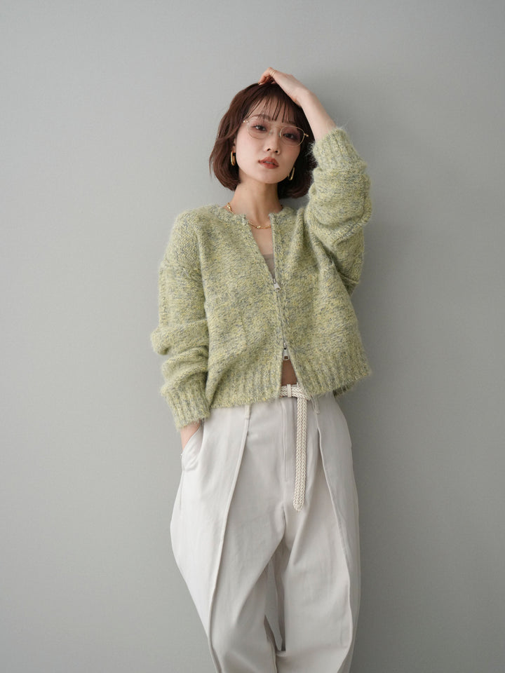 [予約]ミックスヤーンダブルZIPニットカーディガン/greenyellow