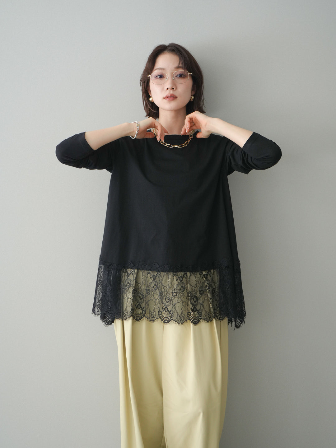 [SET]裾レースロングスリーブTシャツ+選べるアクセセット(2set)