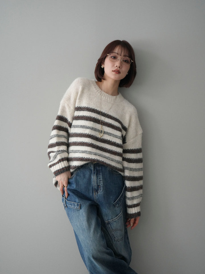 [予約]ステッチボーダーニットプルオーバー/white