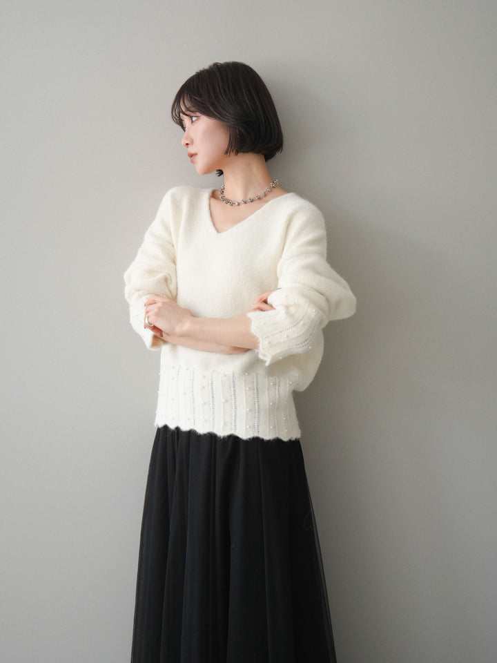 [SET]パールフリルリブヘムニットプルオーバー+選べるアクセセット(2set)