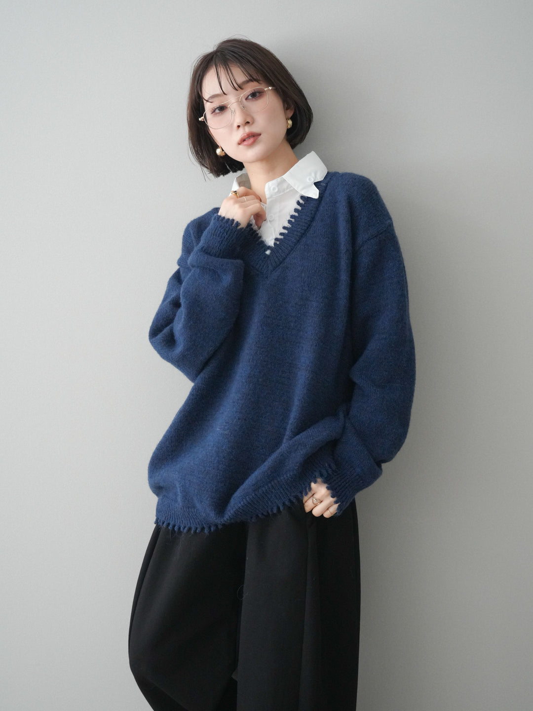 [予約]シャツドッキングVネックフリンジニットプルオーバー/navy