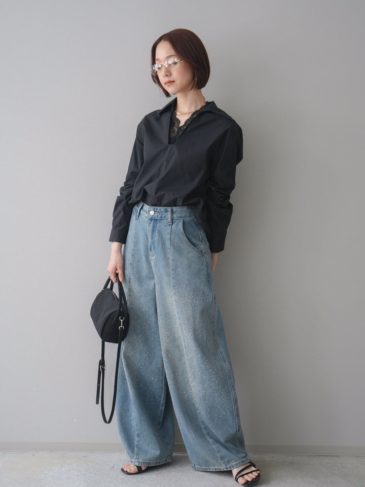 [SET]レースネックスキッパーブラウス+フロントビジューカーブデニムパンツ(2set)