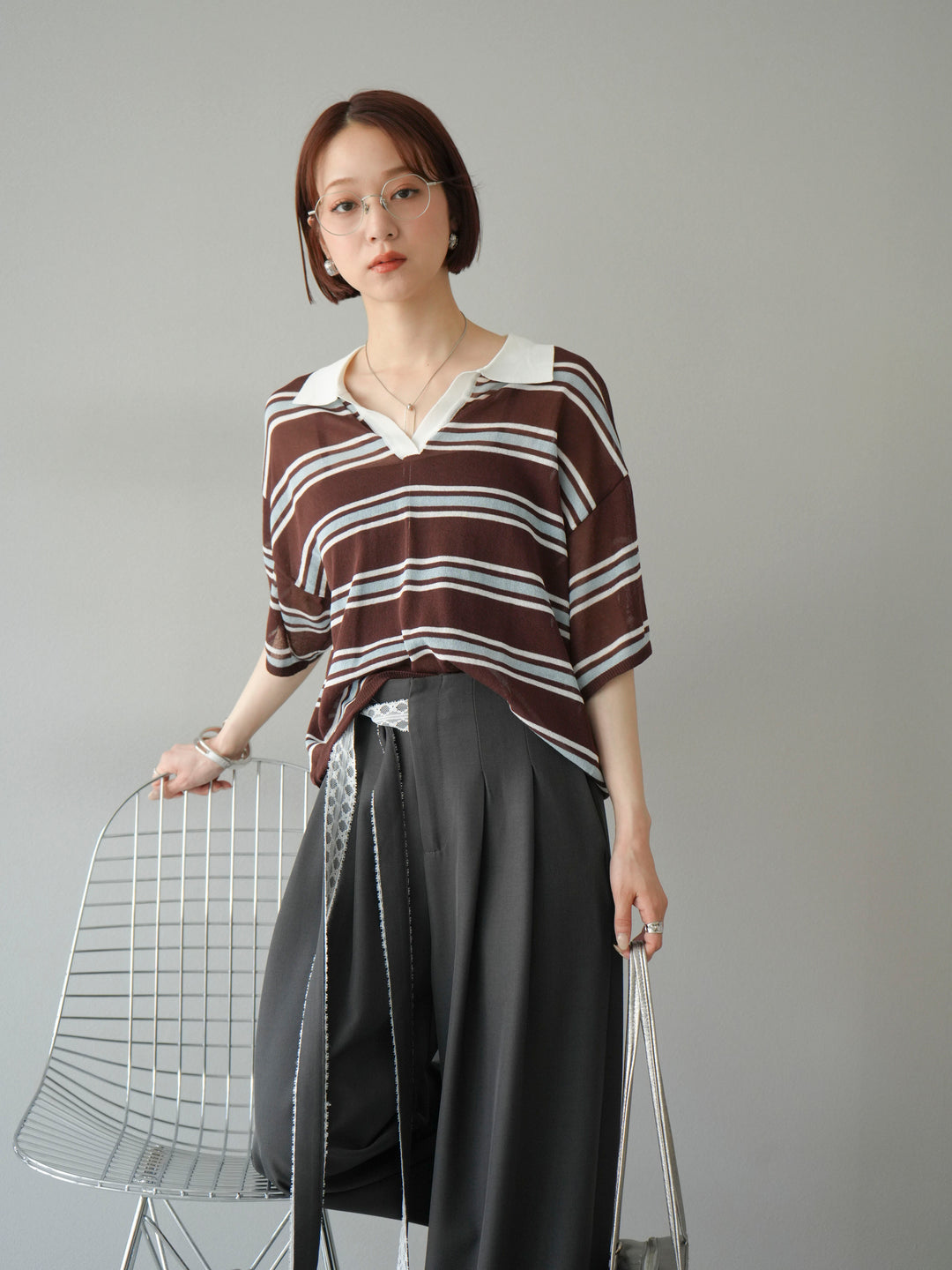 [予約]シアーポロニットプルオーバー/ブラウンボーダー