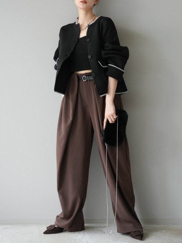 [予約]ポリエステル配色クルーネックカーディガン/ブラック