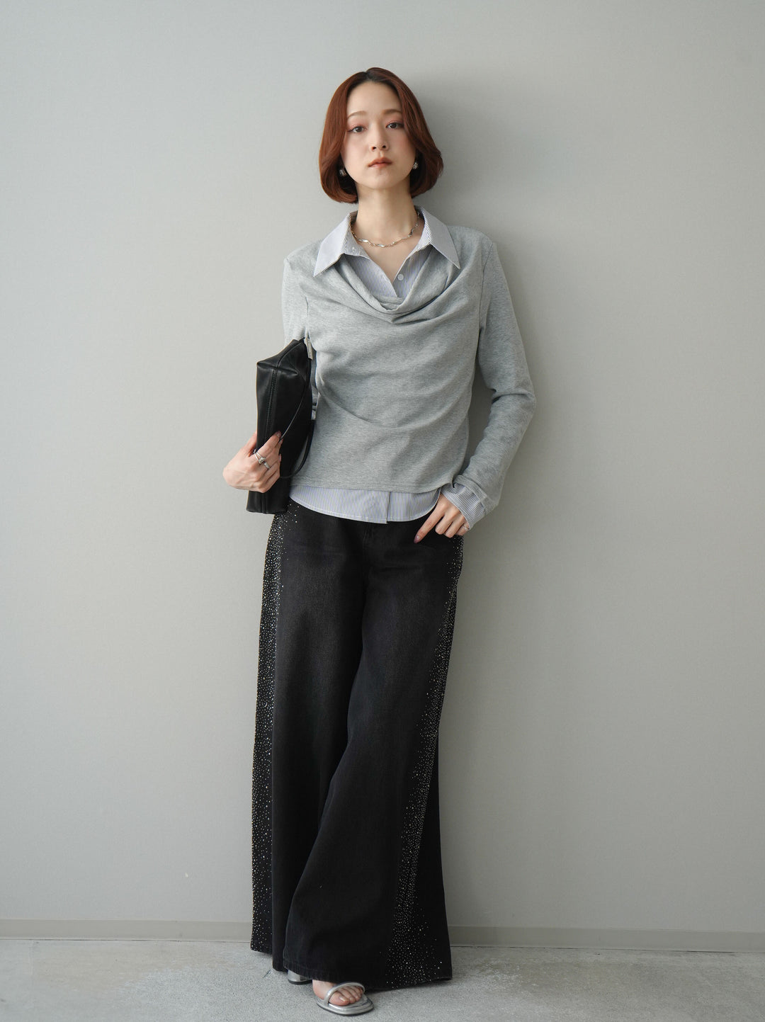 [予約]サイドビジューワイドデニムパンツ/black