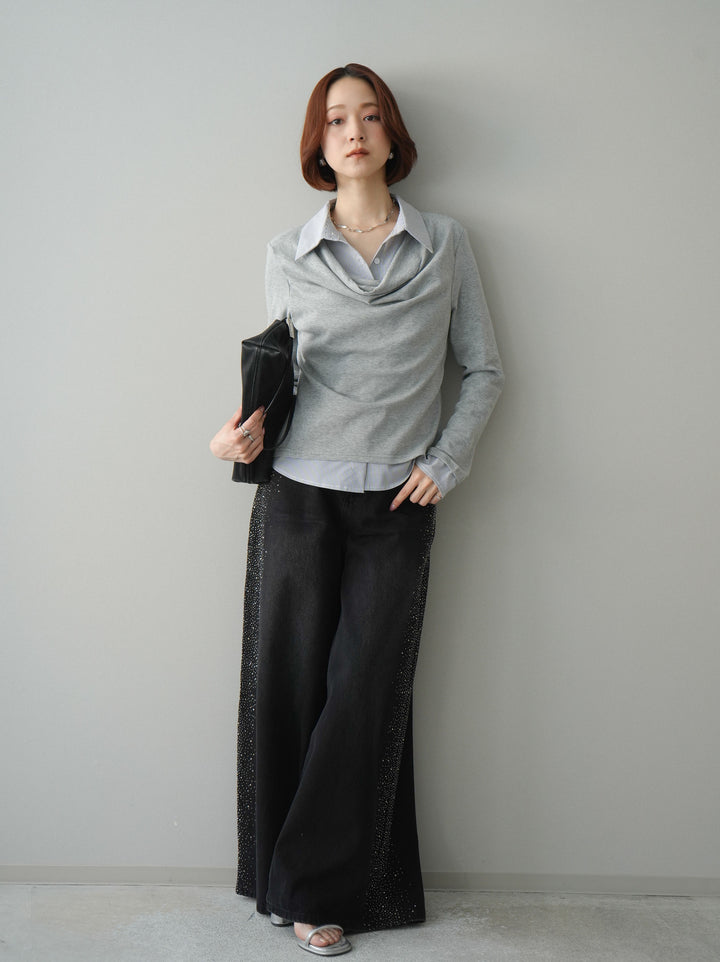 [予約]サイドビジューワイドデニムパンツ/black