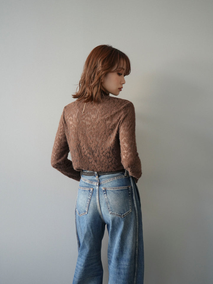[予約]起毛レースプチネックトップス/brown