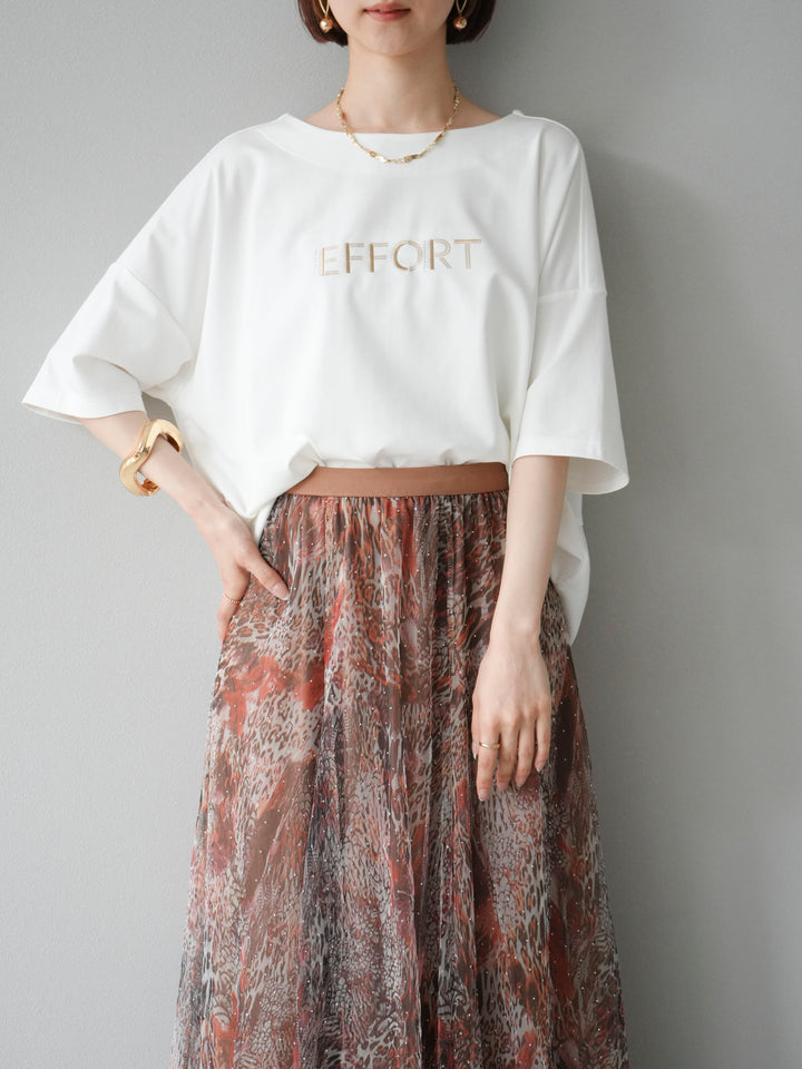 [予約]異素材メタリックロゴ刺繍×プリントTシャツ/オフ