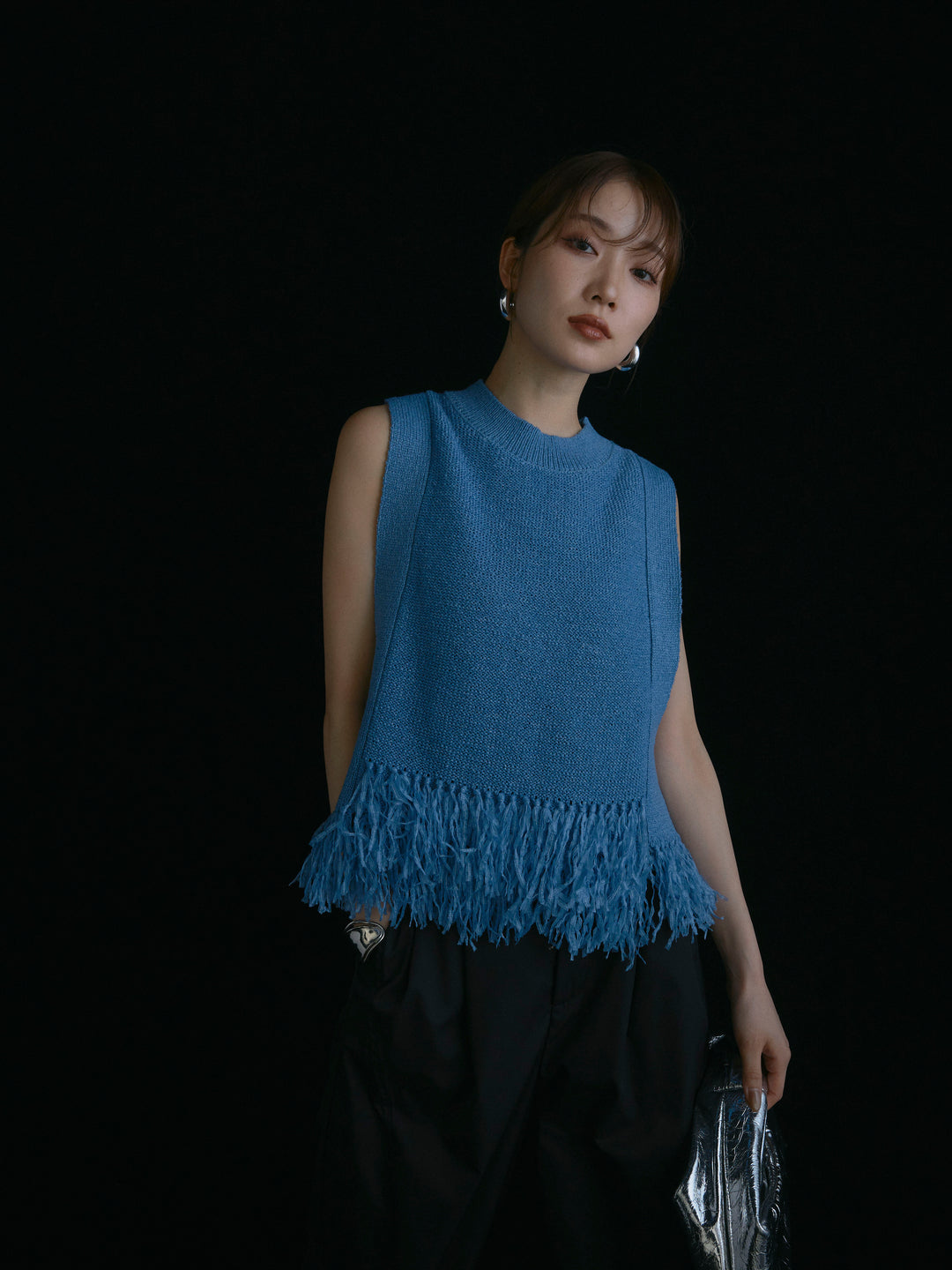 【Allure】[SET]フェザーヤーンニットベスト+タフタワイドカーブパンツ(2set)