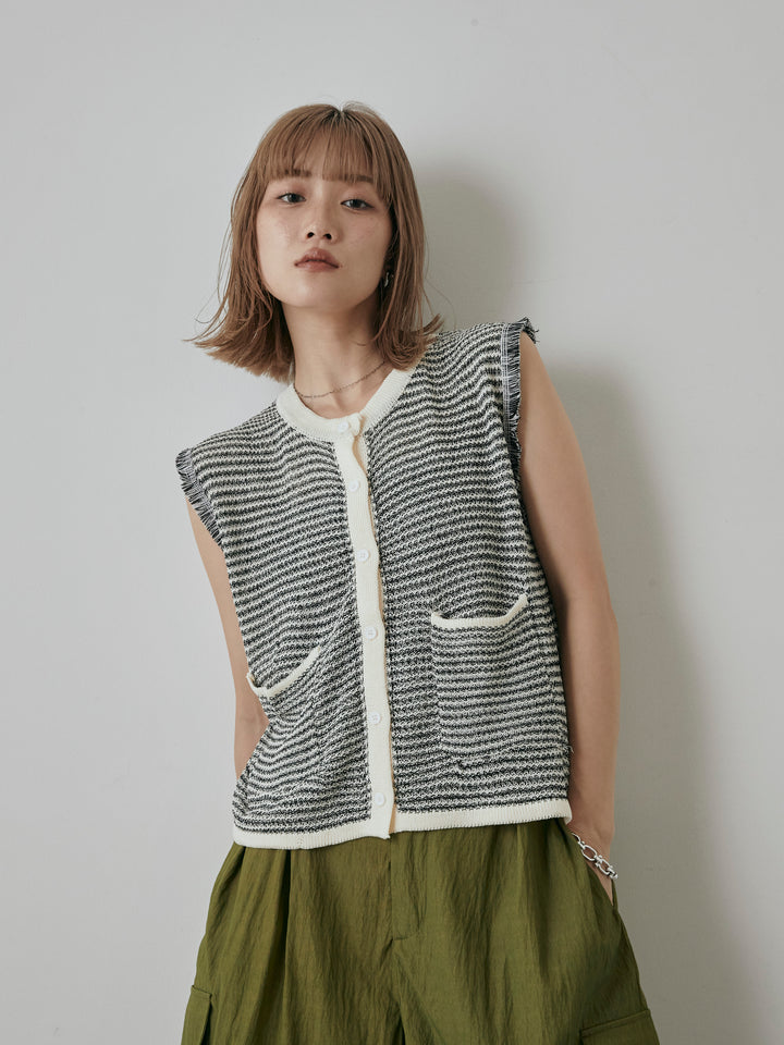 [予約]ボーダー袖フリンジニットベスト/オフ