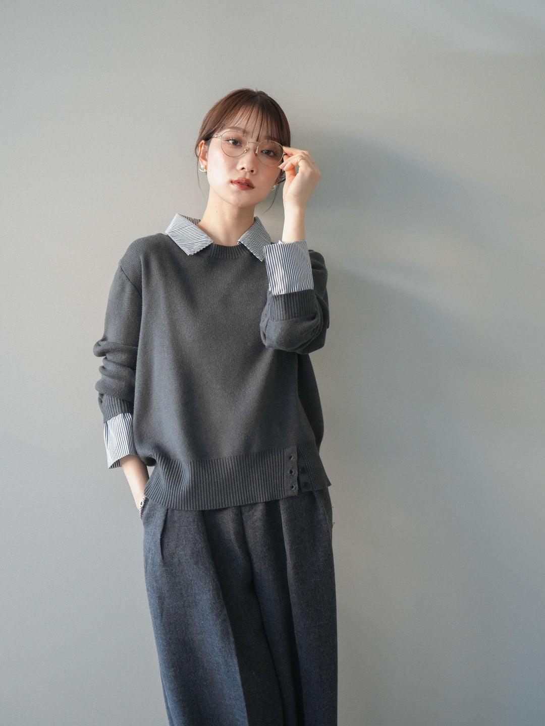 [予約]シャツドッキングデザイン裾ボタンニットプルオーバー/gray