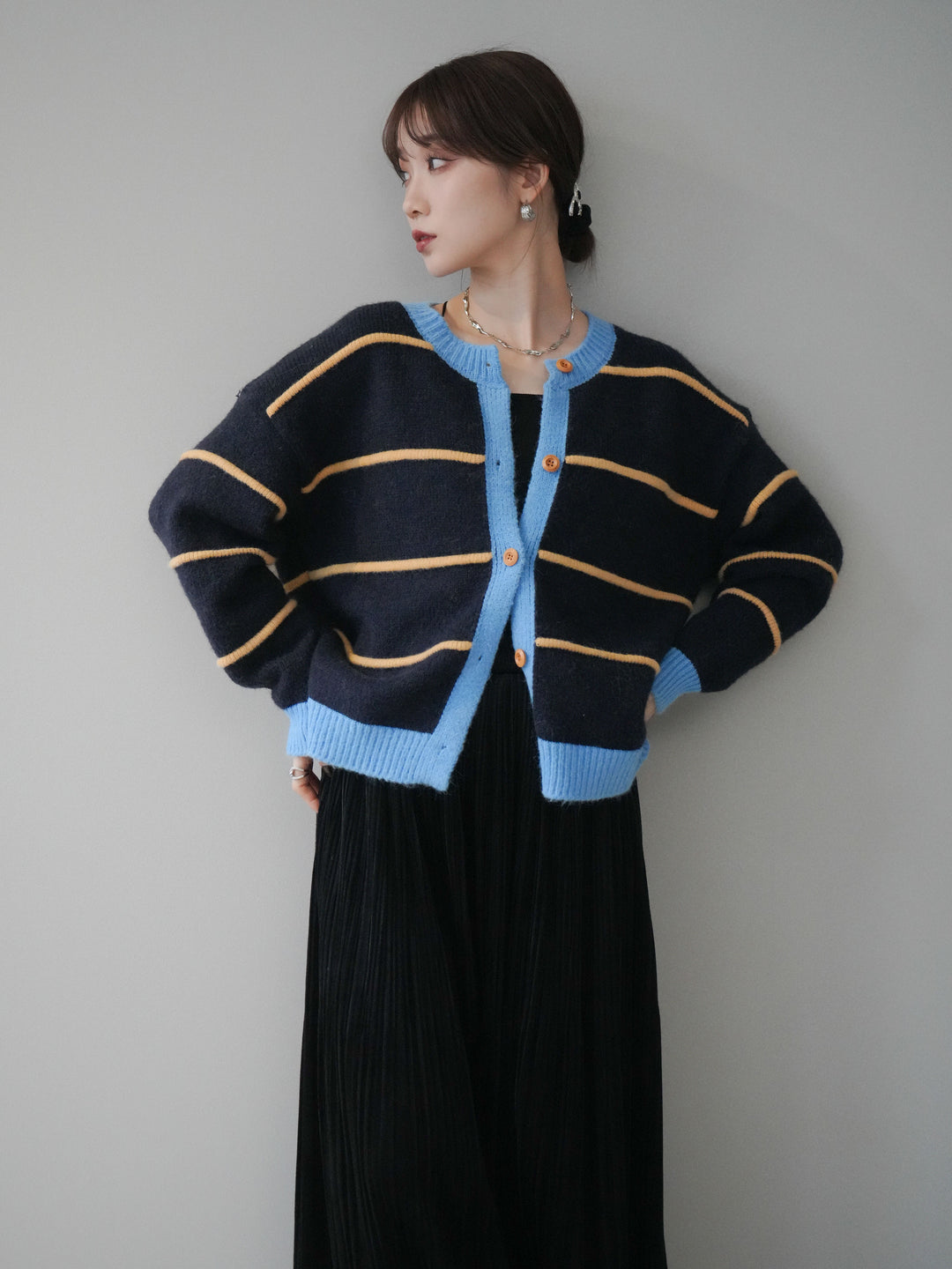 [予約]配色ボーダーニットカーディガン/navy