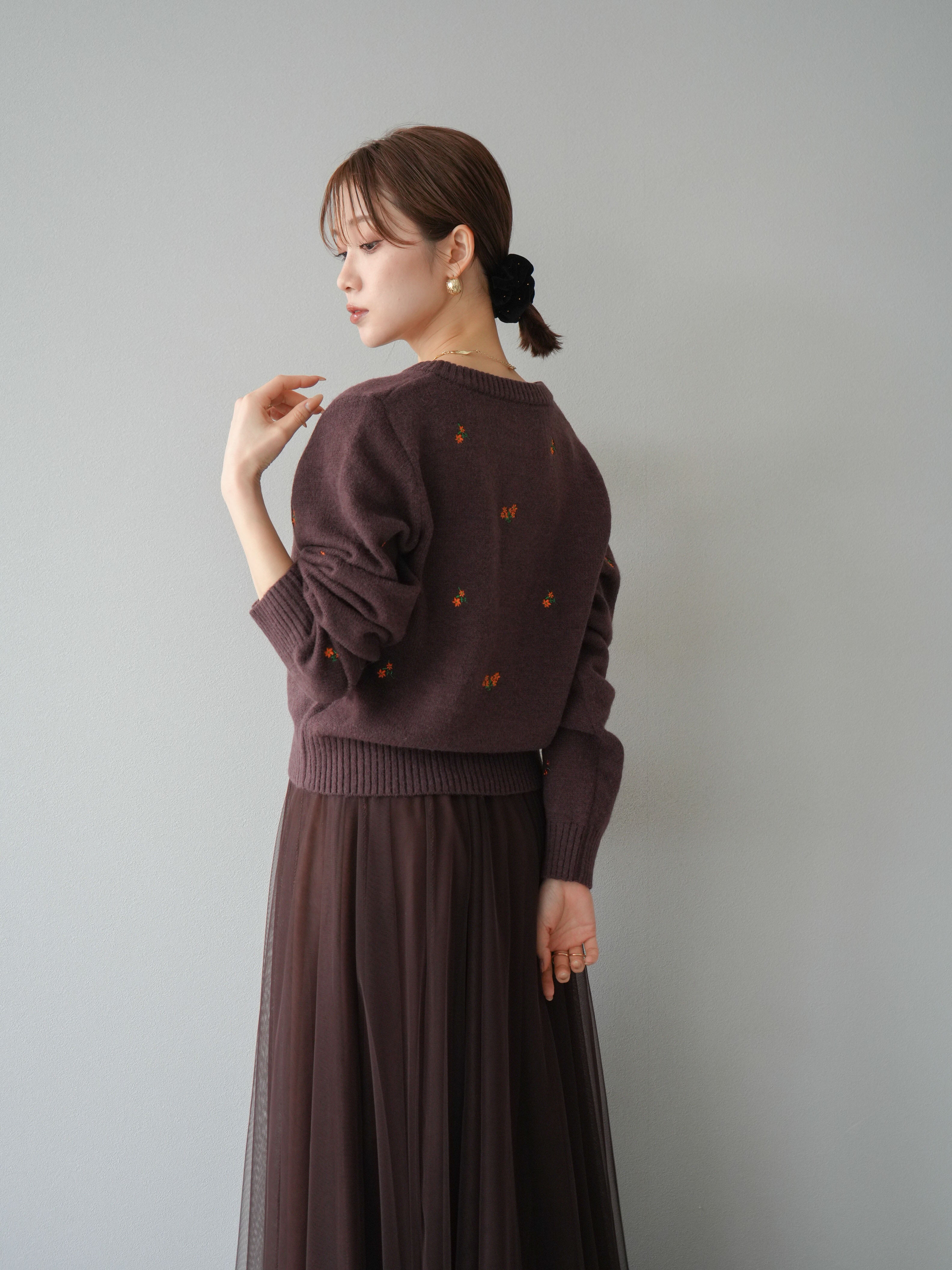 SET]フラワー刺繍ニットカーディガン+チュールボリュームスカート(2set
