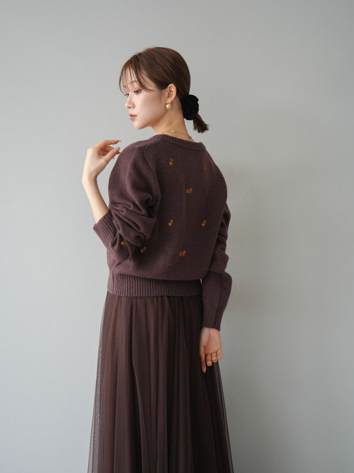 [SET]フラワー刺繍ニットカーディガン+チュールボリュームスカート(2set)