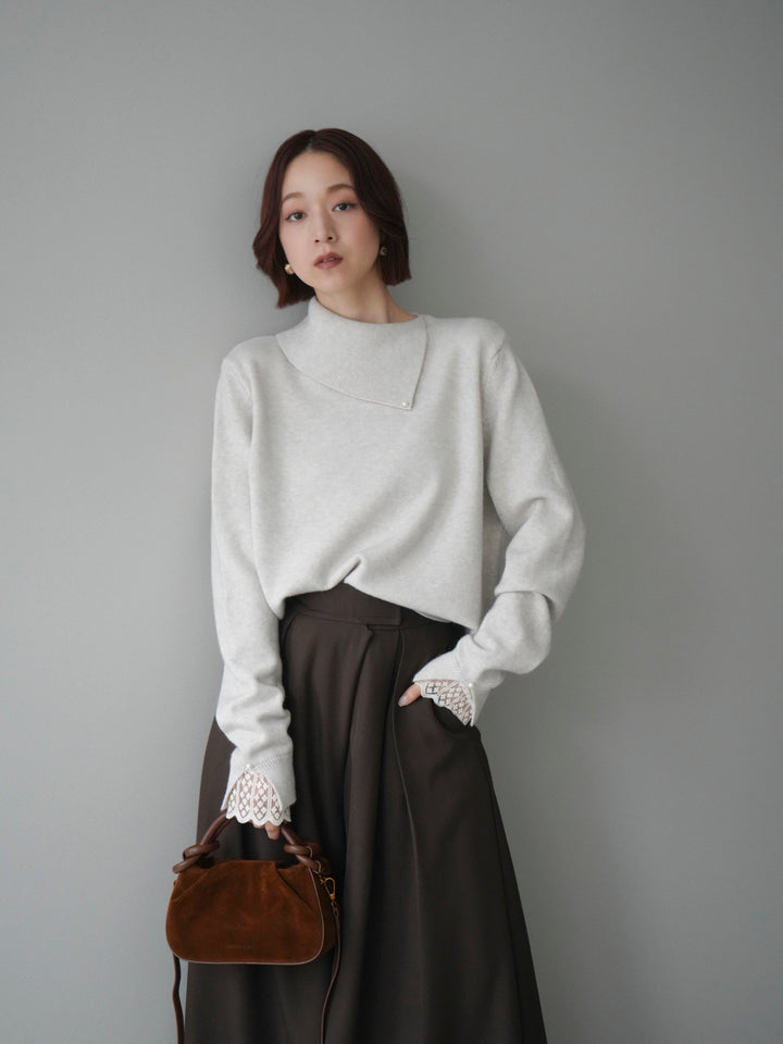 [SET]袖レースパール付き配色ニットトップス+テープベルトタックバギーパンツ(2set)