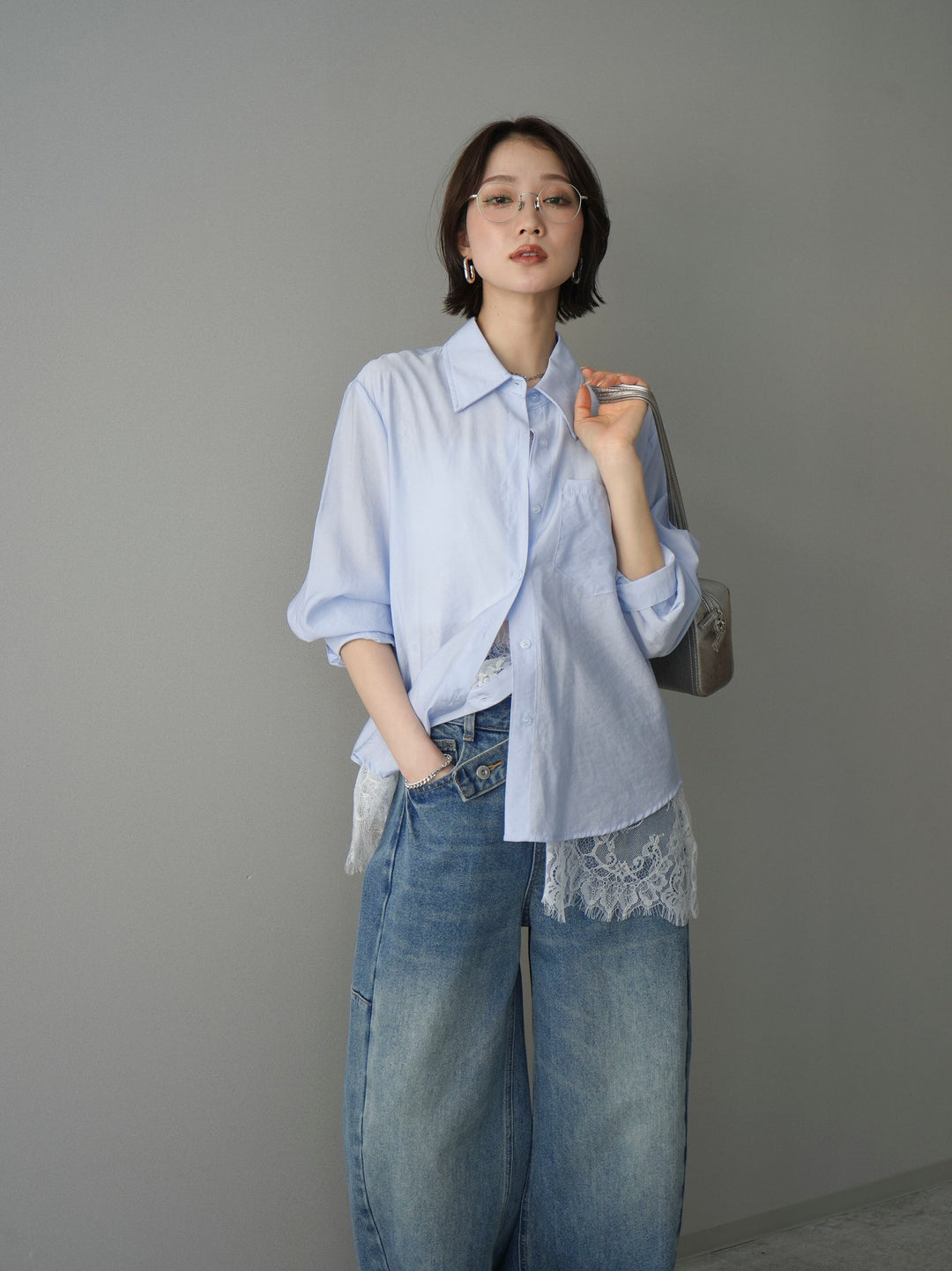 [SET]レイヤードデザイン裾レースブラウス+レイヤードデザイン裾レースブラウス(2set)