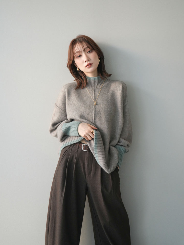 [SET]配色ハイネックニットプルオーバー+アニマル柄ベルト付きウールタッチワイドパンツ(2set)