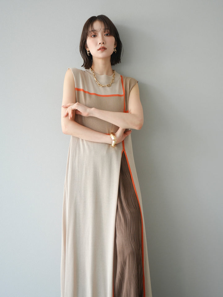 [SET] 配色開衩針織洋裝 + 波浪滾邊休閒褲 (2件套)