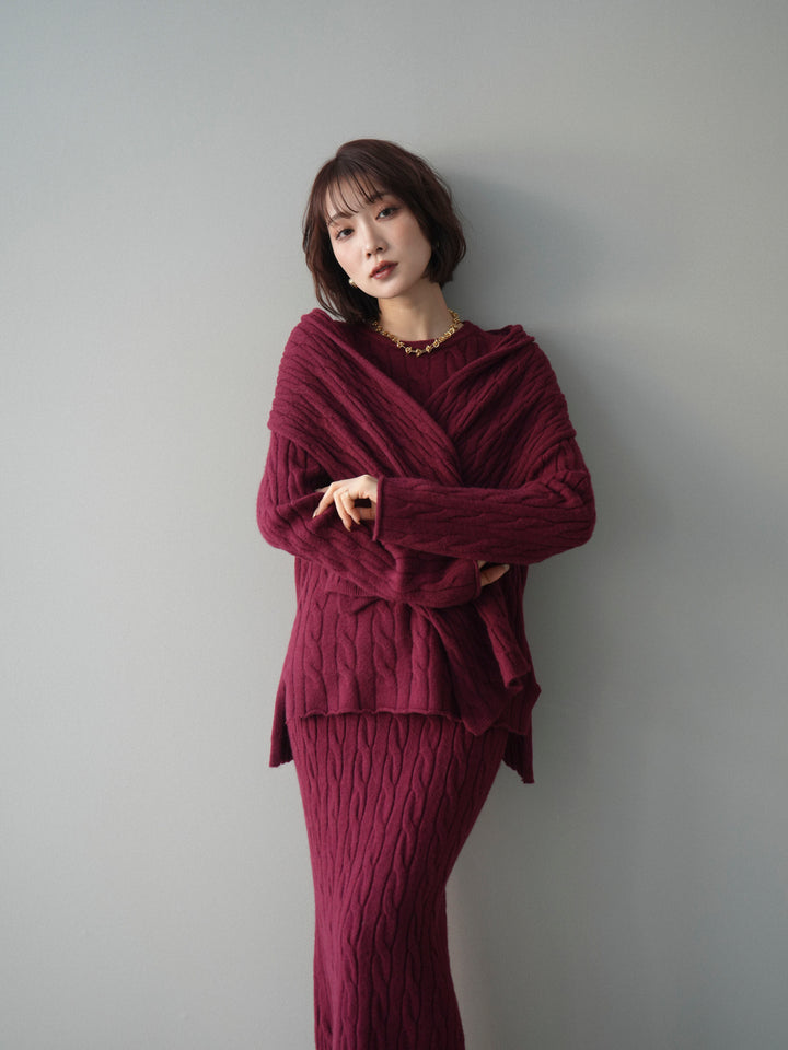 [SET]ストール付ケーブルニットプルオーバー&ロングスカートSET UP(2set)