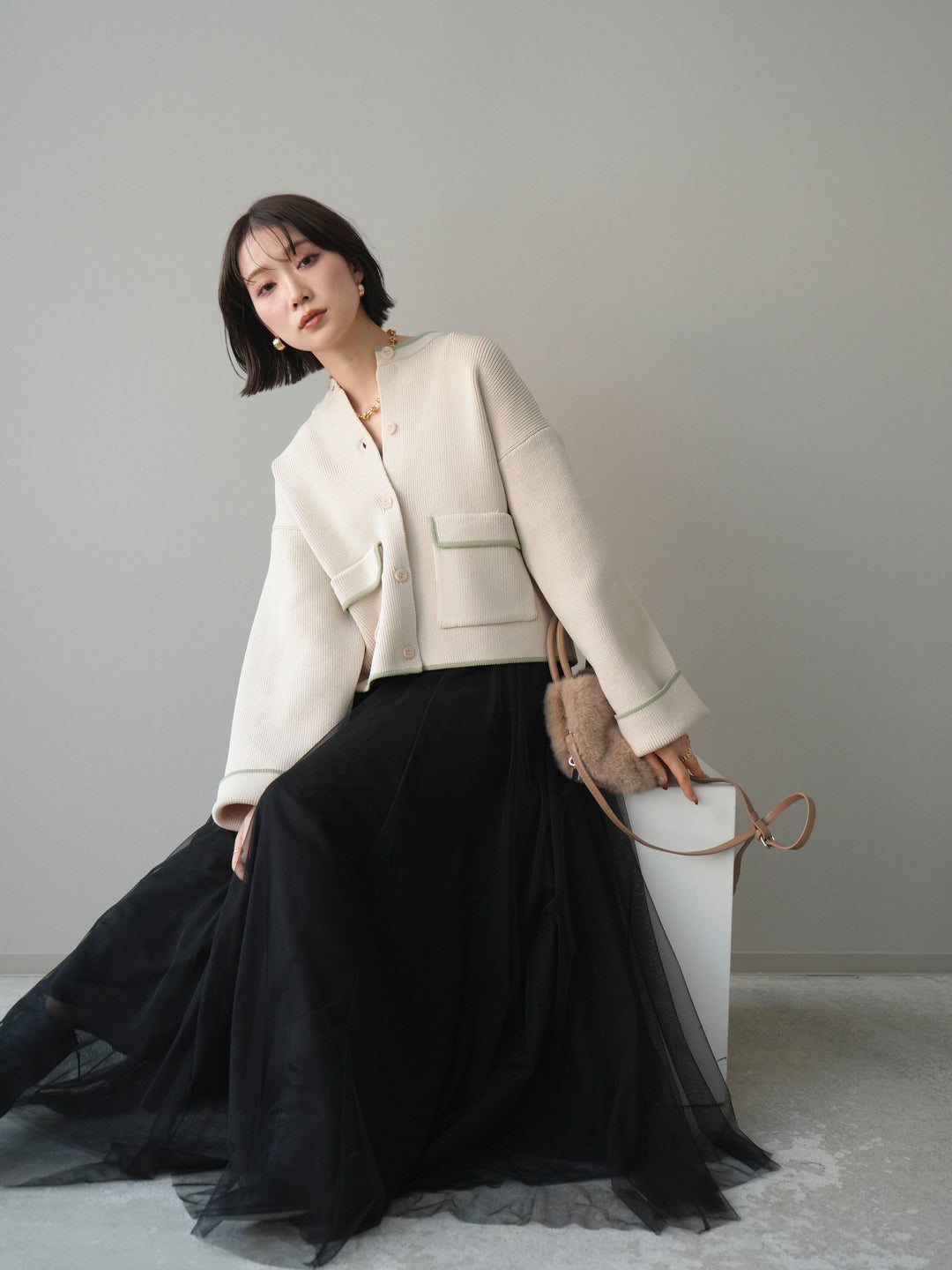 [SET]ポリエステル配色ニットカーディガン+チュールボリュームスカート(2set)