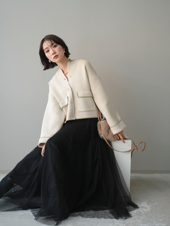[SET]ポリエステル配色ニットカーディガン+チュールボリュームスカート(2set)