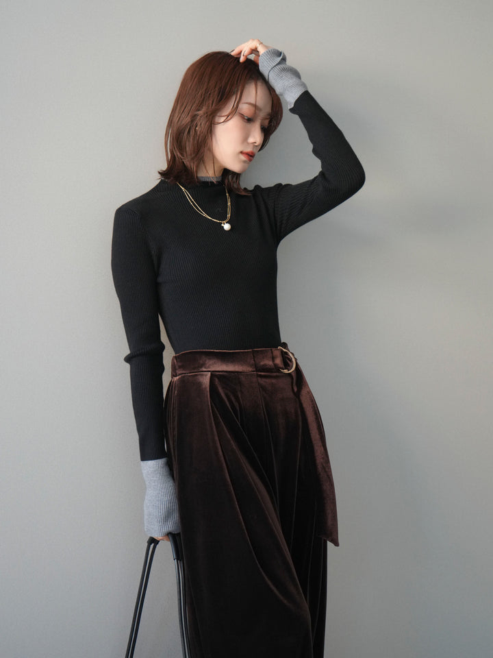 [予約]袖ボタンハイネック配色リブニットトップス/black