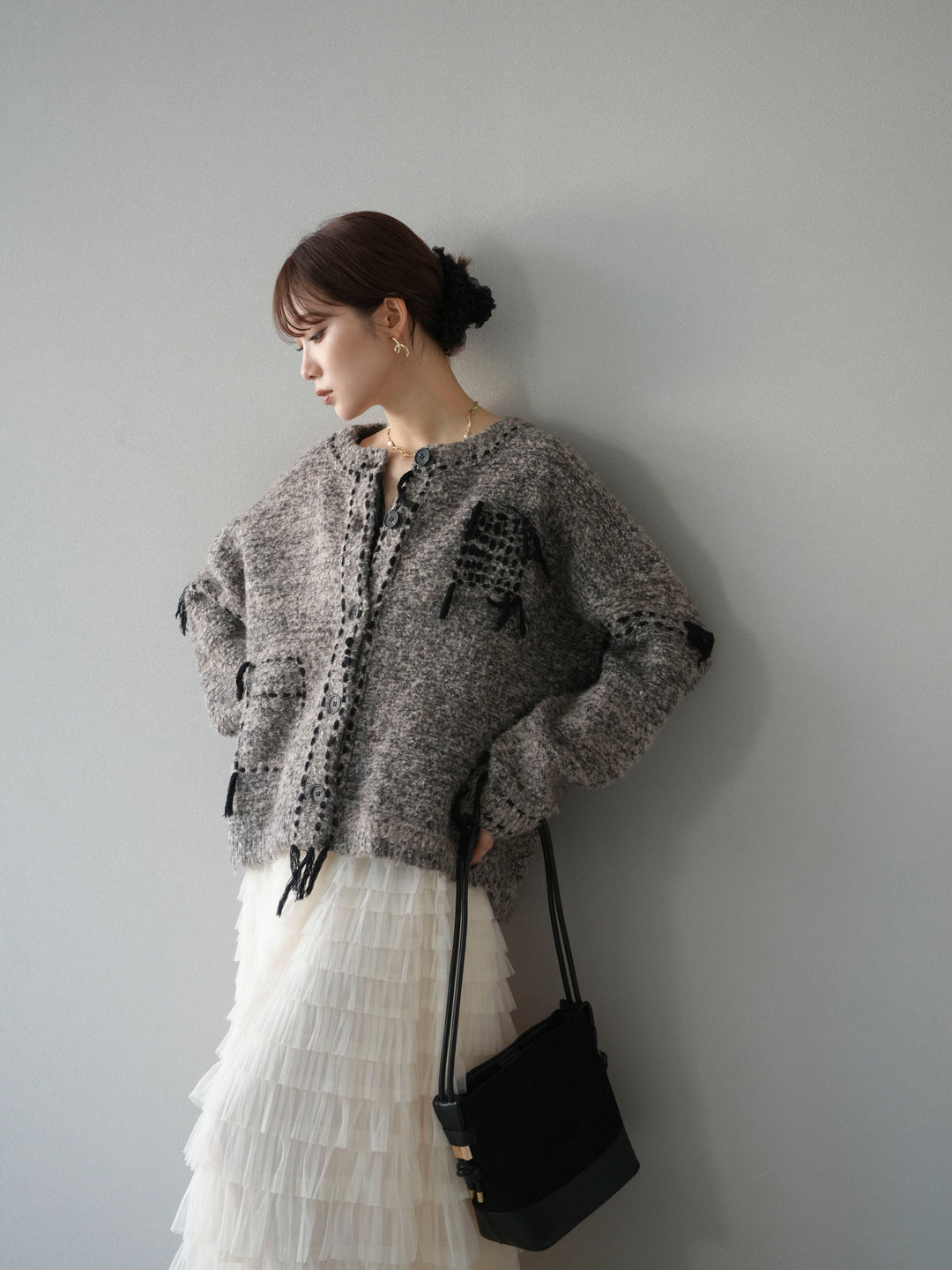 [予約]ハンドステッチデザインニットカーディガン/ブラウン