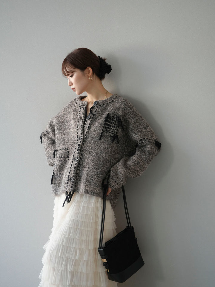 [予約]ハンドステッチデザインニットカーディガン/ブラウン
