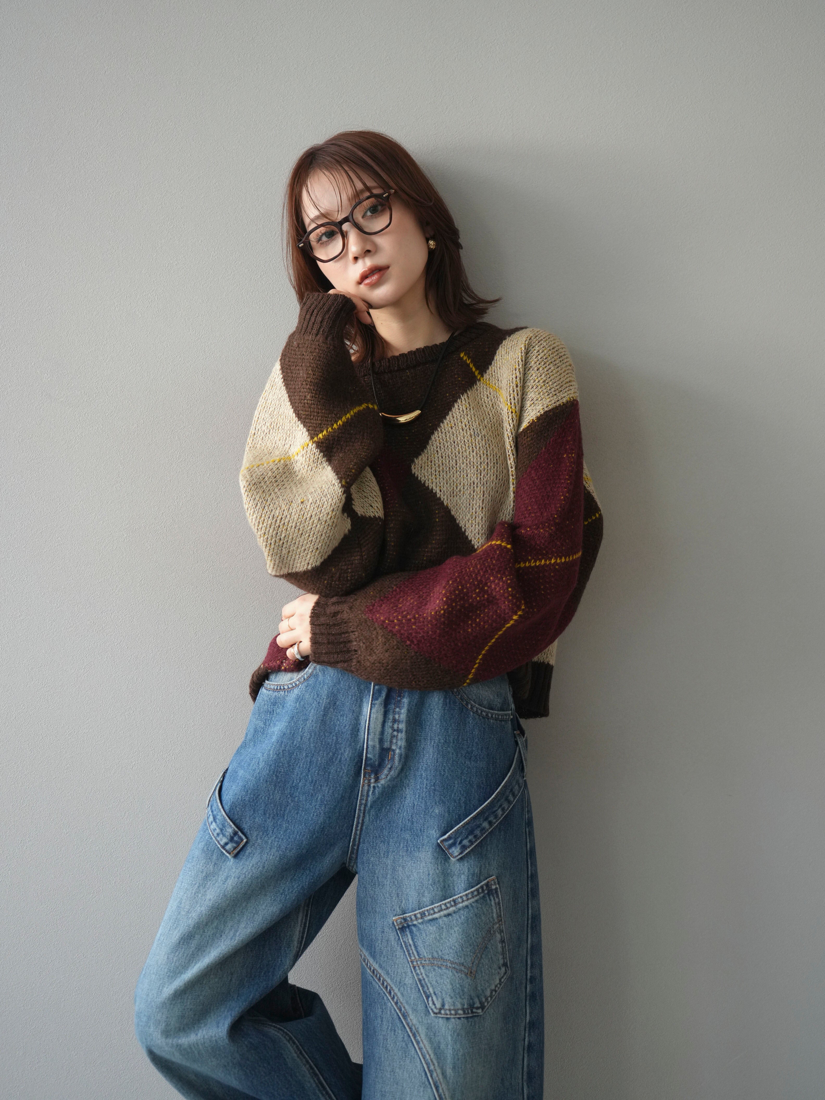 予約]配色ステッチアーガイル柄ニットプルオーバー/brown – Lumier