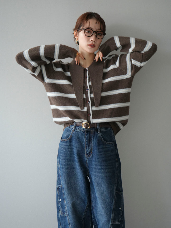 [予約]ボウタイボーダーニットカーディガン/brown
