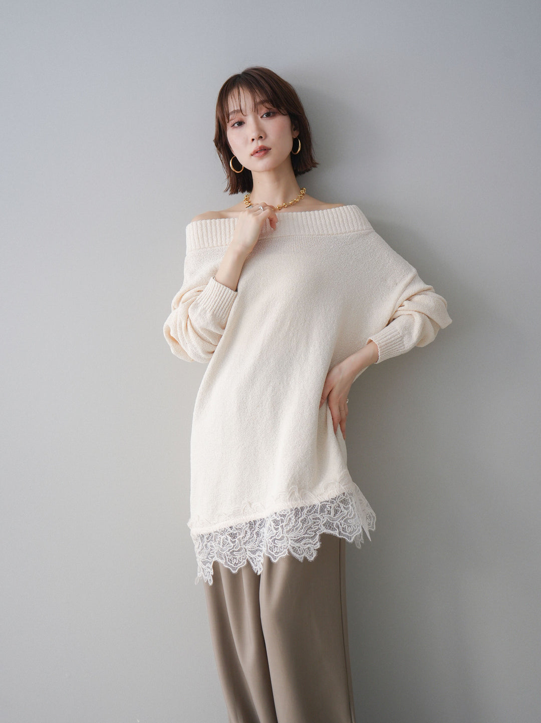 [SET]アシンメトリーレースヘムニットプルオーバー+選べるアクセセット(2set)