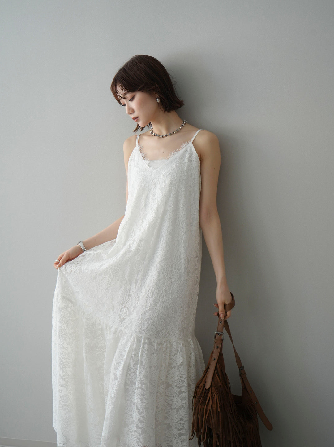 [予約]ギャザー切替レースキャミワンピース/white