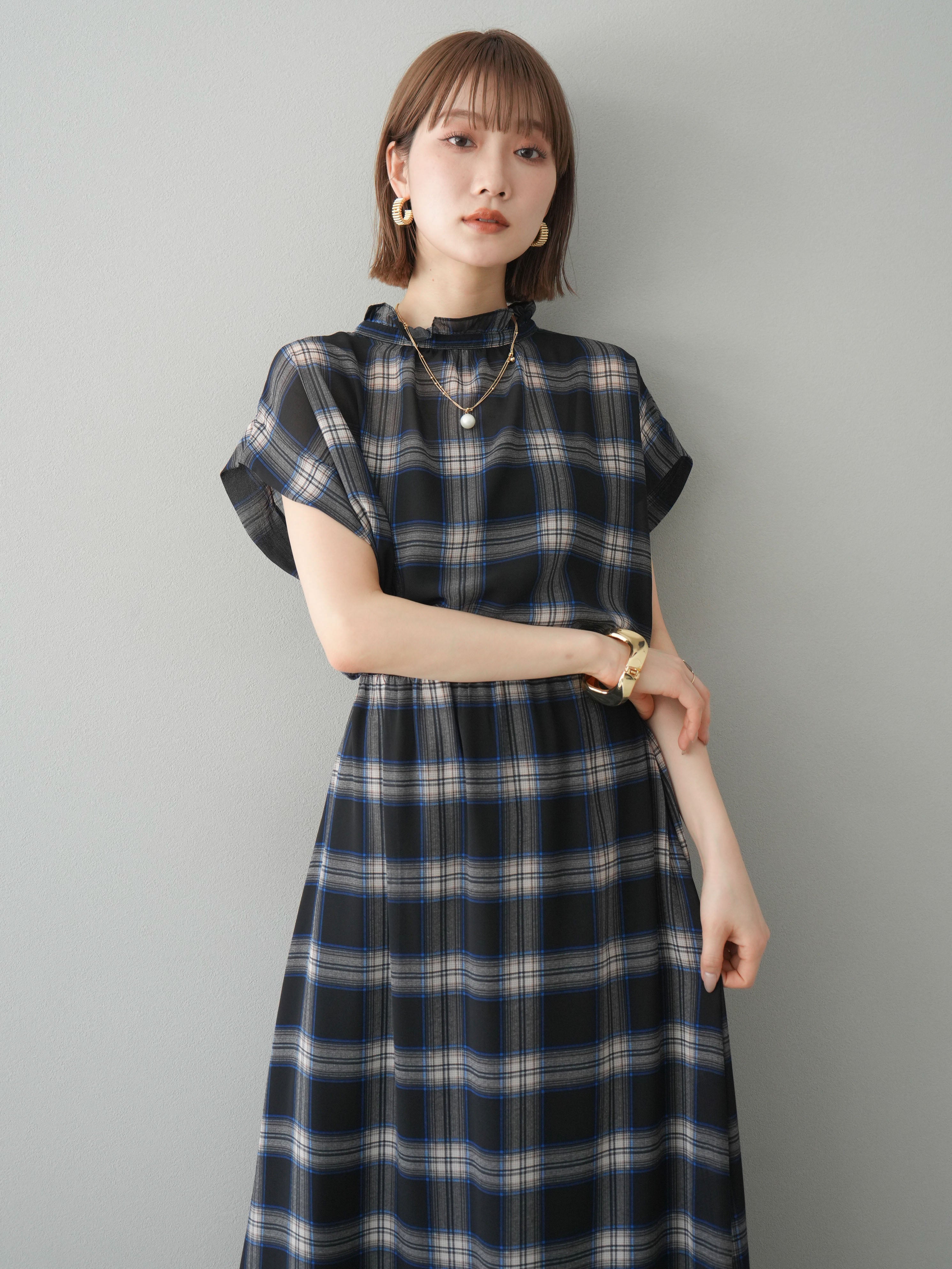 SET]2WAYシアーチェックフレンチスリーブブラウス+シアーチェック