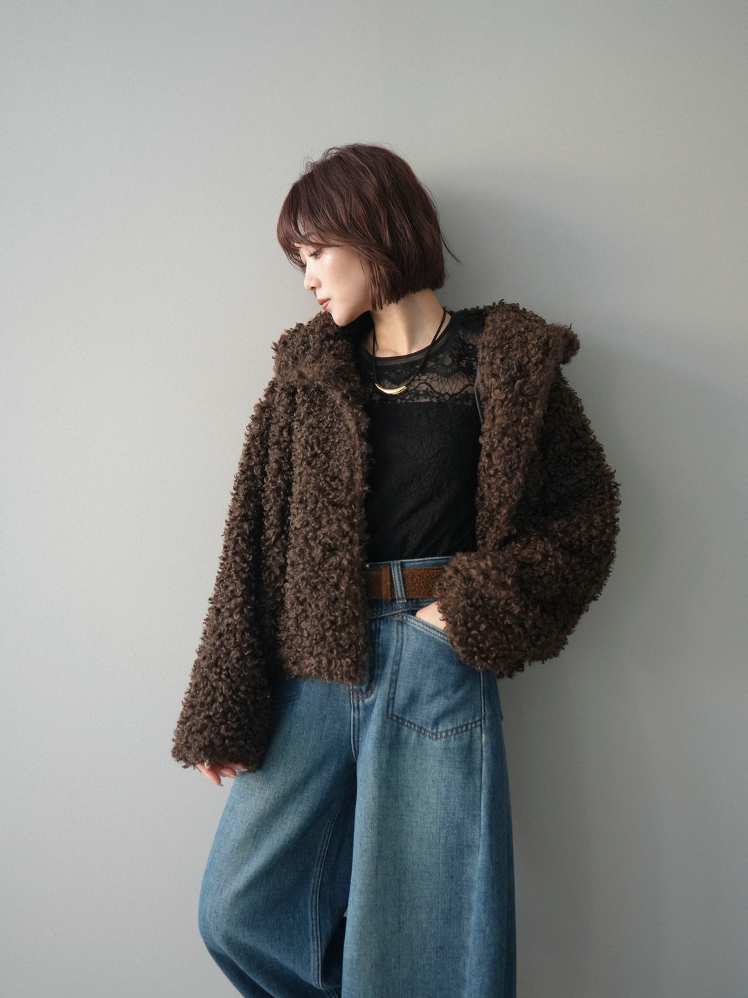 [SET]プードルファーミドルスタンドブルゾン+ベルト付裏起毛カーブデニムパンツ(2set)