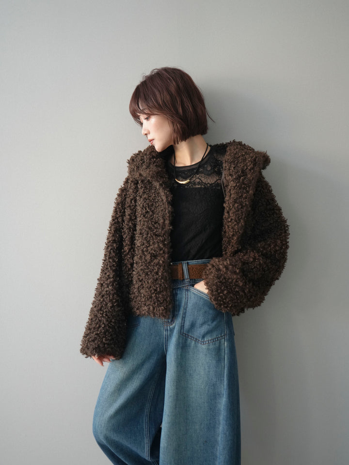 [SET]プードルファーミドルスタンドブルゾン+ベルト付裏起毛カーブデニムパンツ(2set)