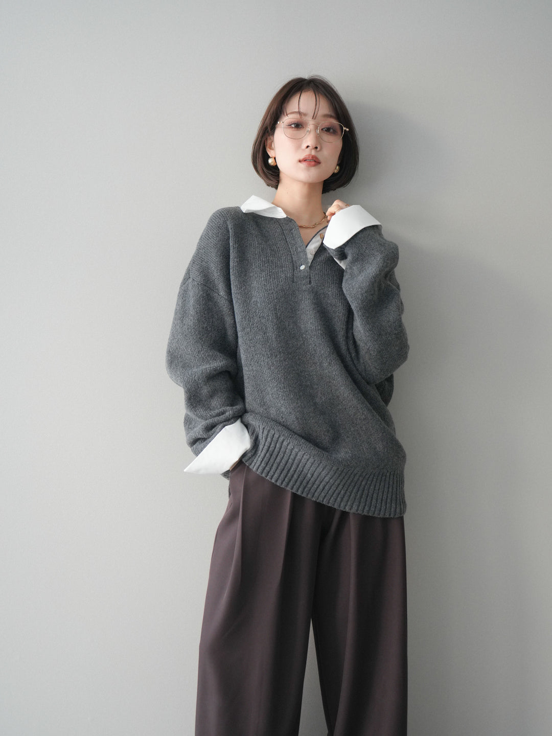 [予約]シャツドッキングオーバーニットプルオーバー/charcoaloff