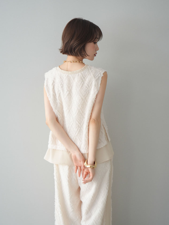 [SET]フリンジレイヤードVネックノースリーブ+フリンジイージーストレートパンツ(2set)