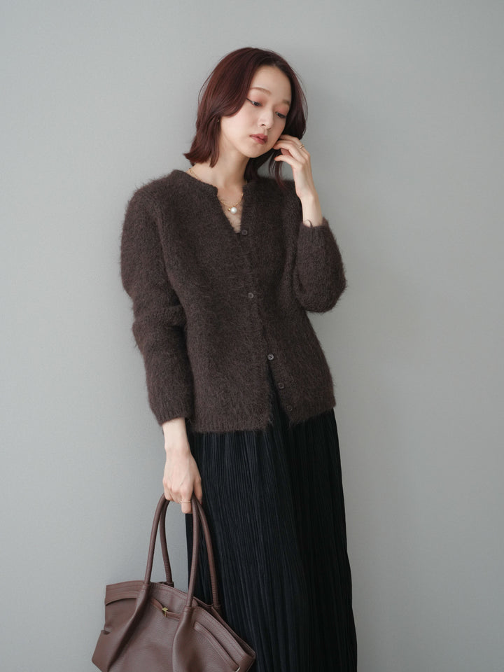 [予約]キーネックシャギーニットカーディガン/brown