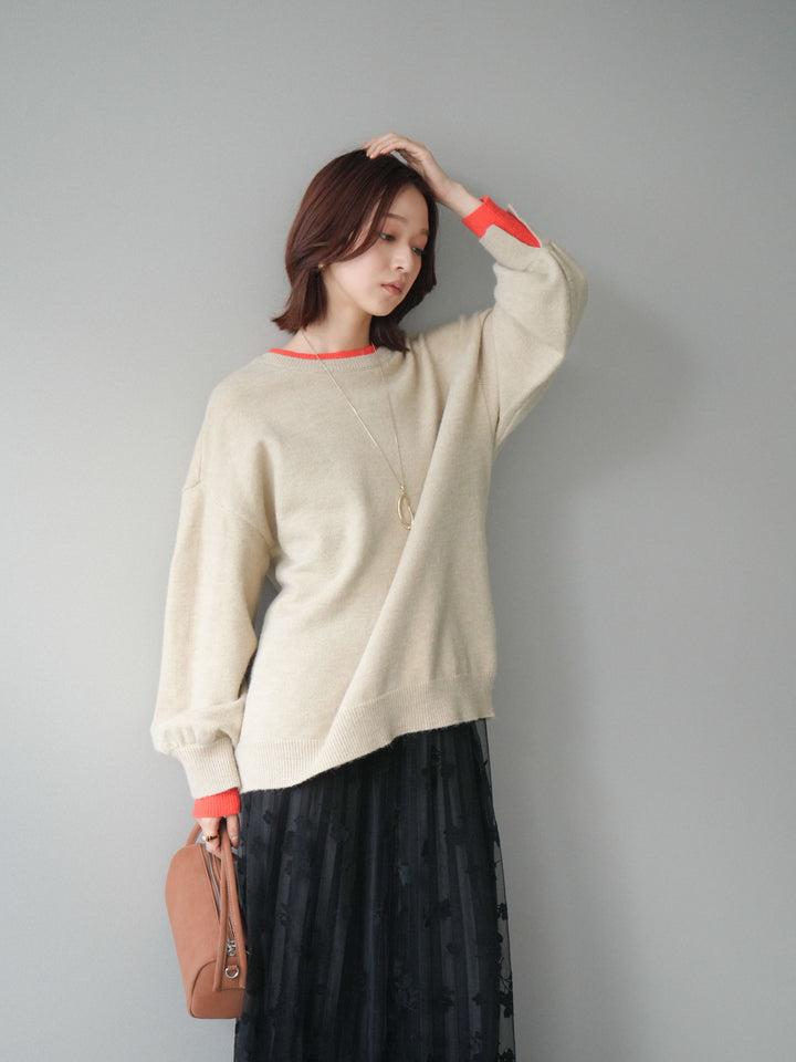 [SET]ヘンリーネック配色レイヤードニットプルオーバー+フラワーフロッキーチュールプリーツスカート(2set)